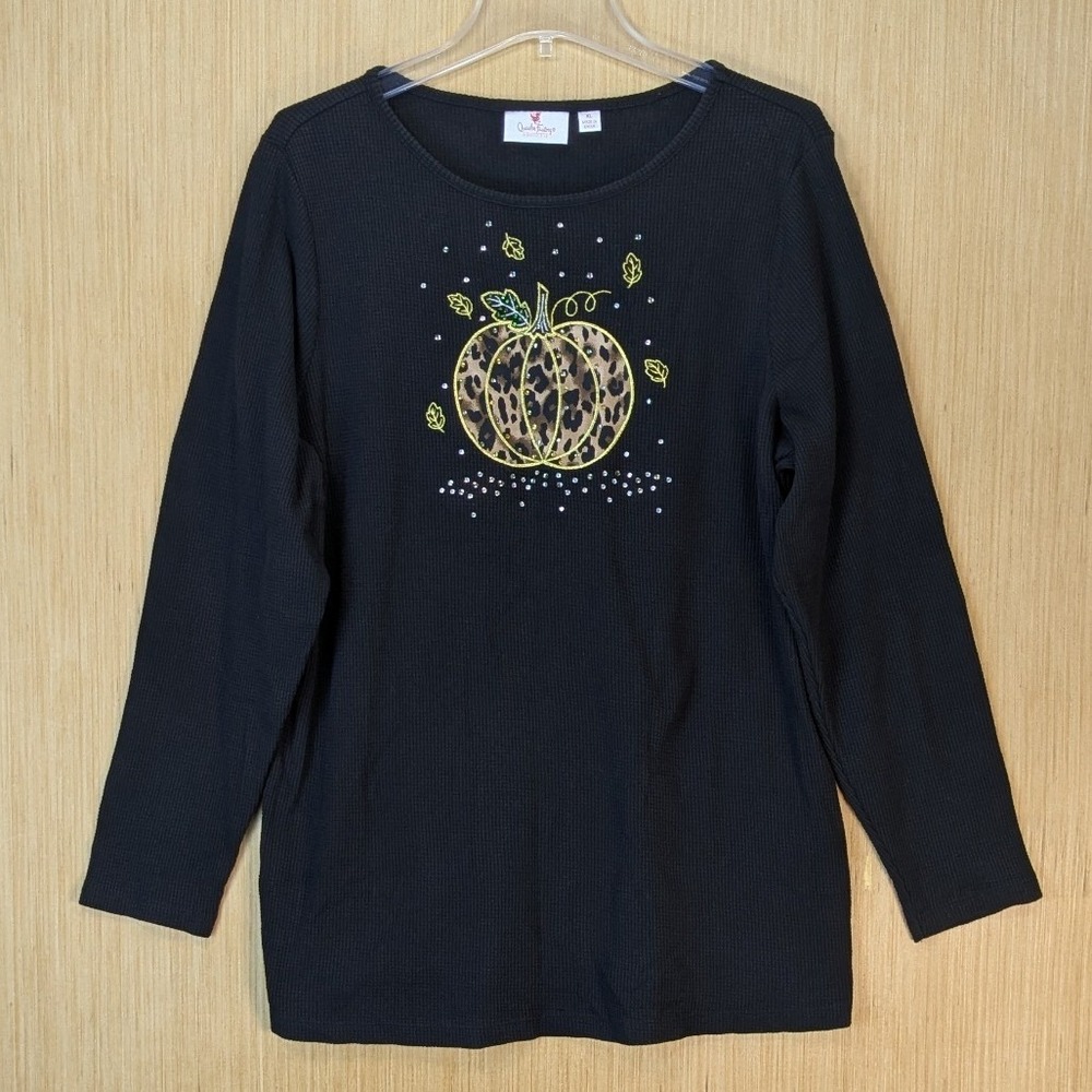 Quacker Factory Black Waffle Knit Fall Pumpkin Leopard Rhinestone Top XL Festive